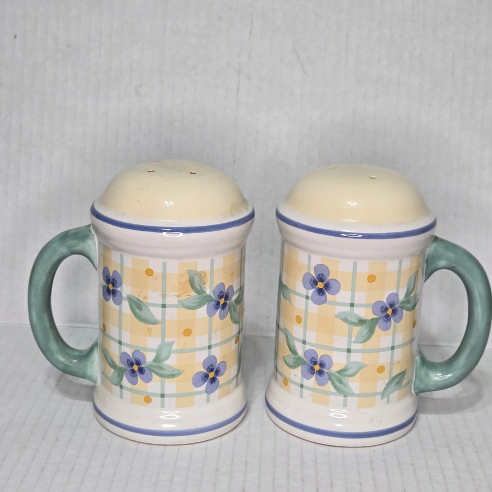 Pfaltzgraff Summer Breeze Salt and Pepper Shakers Floral Plaid Mug Shape Vintage
